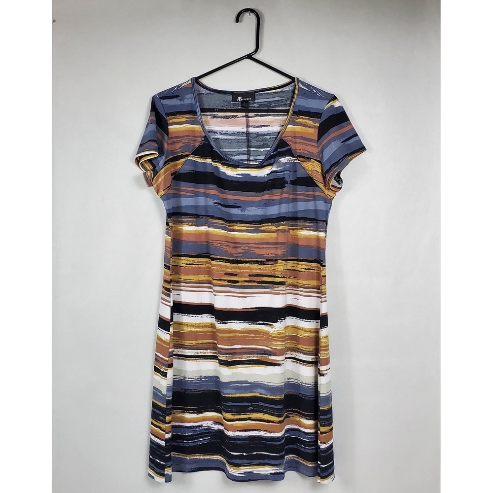 AB Studio Womens XL Short Sleeve Scoop Neck Brushstroke Stripe Dress Multicolor